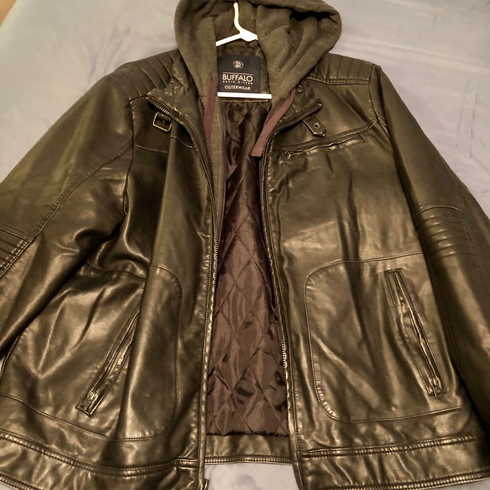 Buffalo Faux Leather”cruelty free” Moto X Jacket lined Hoodie XL- wore twice